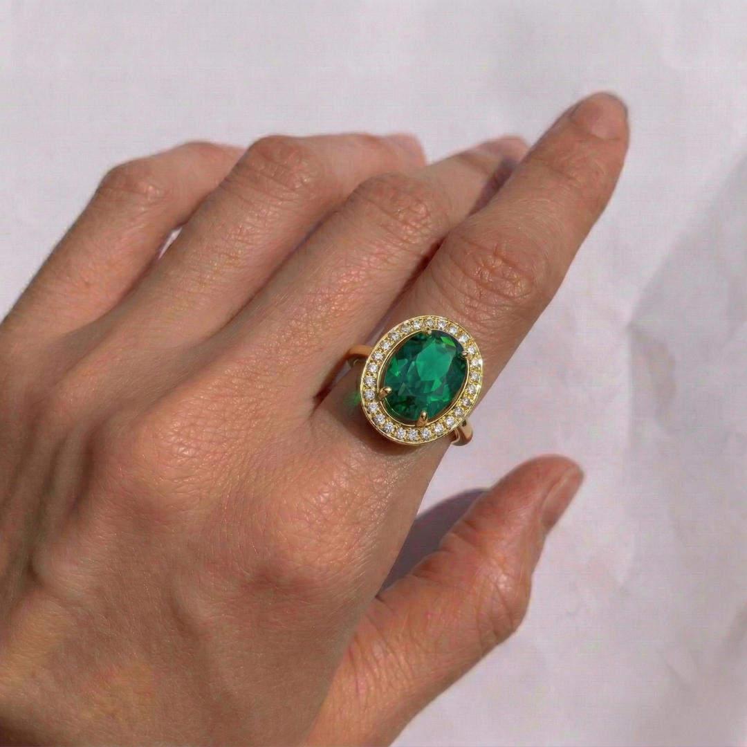 18k Gold Vermeil Emerald Ring featuring an oval created green emerald, perfect for birthdays and special occasions.