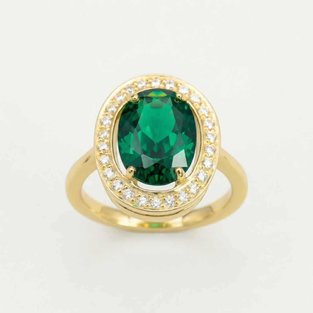 Created Emerald Ring made in 18k Gold Vermeil with Oval Created Green Emerald in Prong setting, May Birthstone gift idea, symbolizes, ideal for everyday wear and perfect for birthday gifting and special occasions.