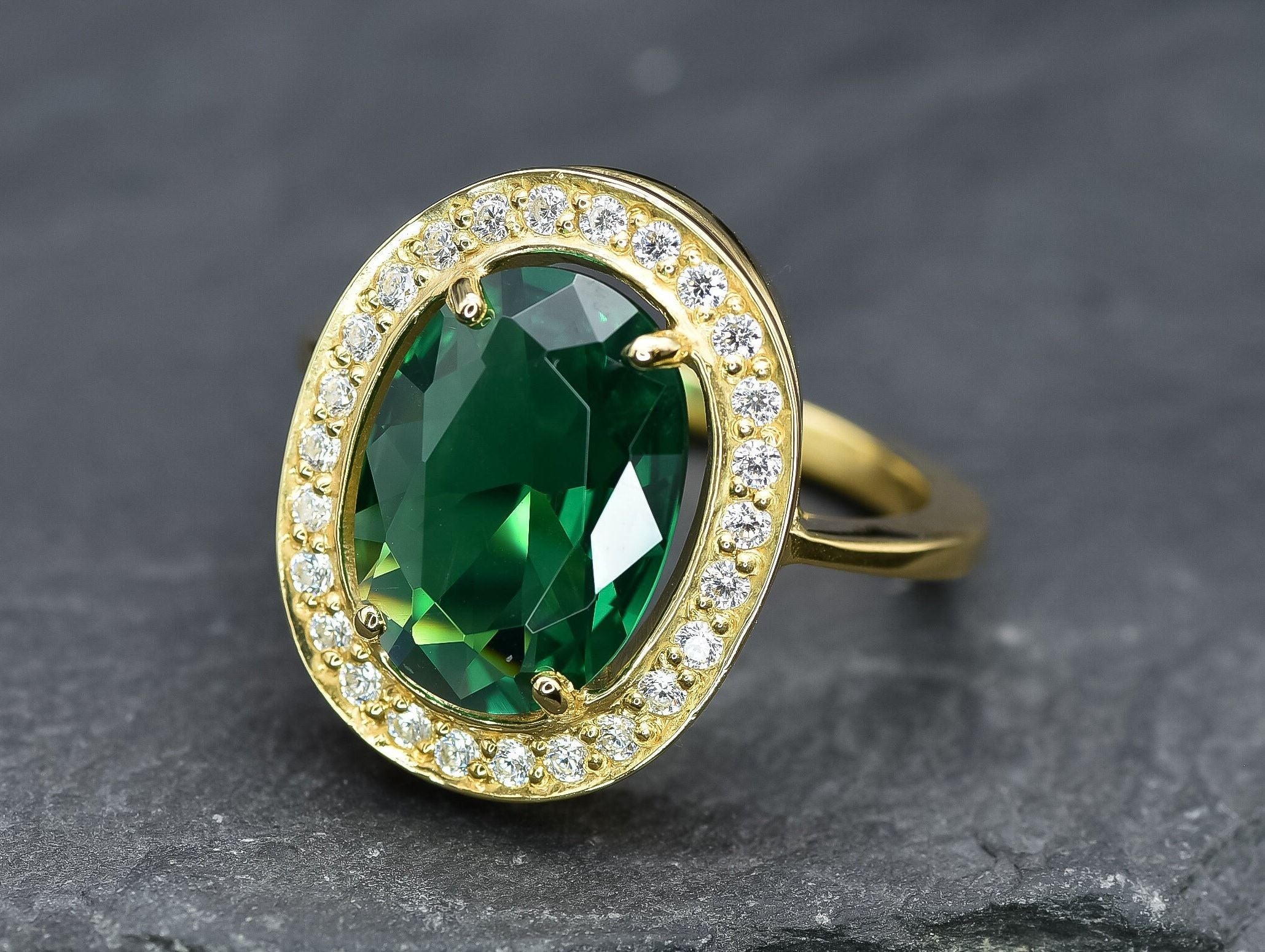 18k Gold Vermeil Emerald Ring featuring an oval created green emerald, perfect for birthdays and special occasions.