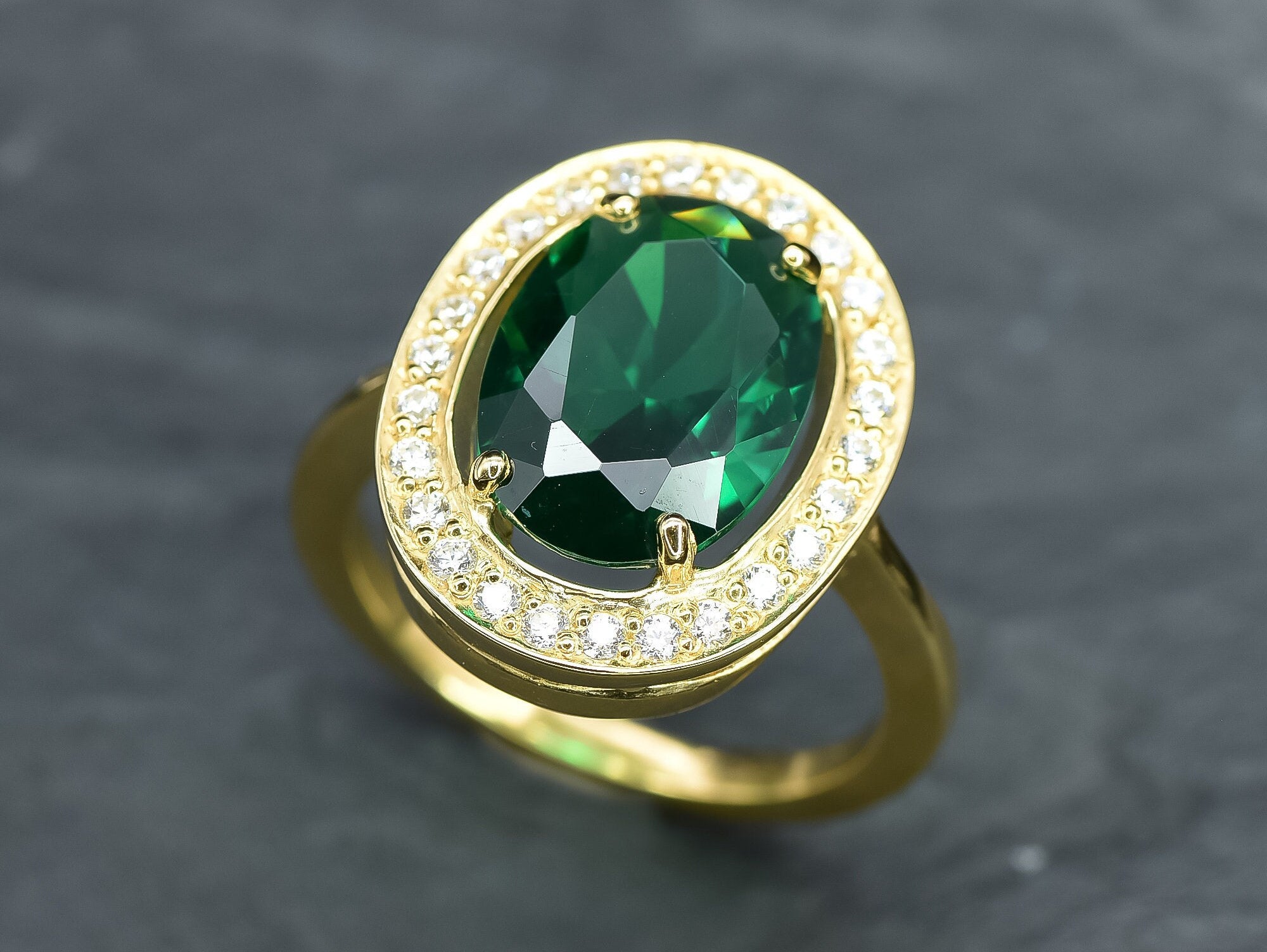 Created Emerald Ring made in 18k Gold Vermeil with Oval Created Green Emerald in Prong setting, May Birthstone gift idea, symbolizes, ideal for everyday wear and perfect for birthday gifting and special occasions.