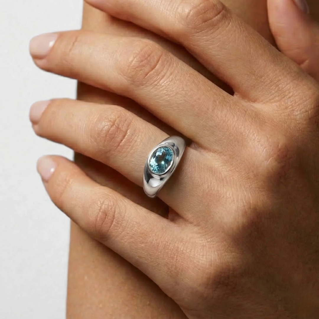 Aquamarine Bezel Ring in 925 Sterling Silver, perfect for March birthdays, symbolizes courage and ideal for everyday elegance.