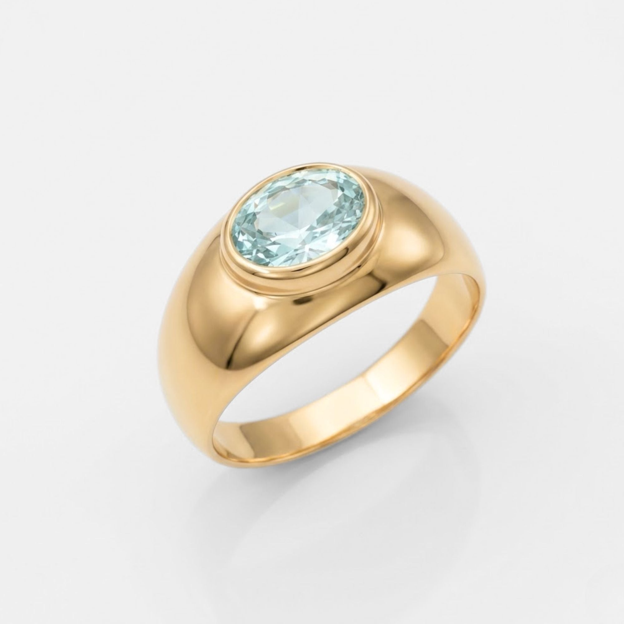 Created Aquamarine Ring made in 18k Gold Vermeil with Oval Created Blue Aquamarine in Bezel setting, March Birthstone gift idea, symbolizes courage & good luck, ideal for everyday wear and perfect for birthday gifting and special occasions.