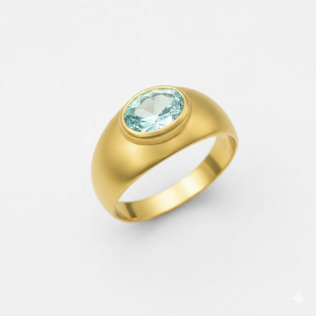 Created Aquamarine Ring made in 18k Gold Vermeil with Oval Created Blue Aquamarine in Bezel setting, March Birthstone gift idea, symbolizes courage & good luck, ideal for everyday wear and perfect for birthday gifting and special occasions.