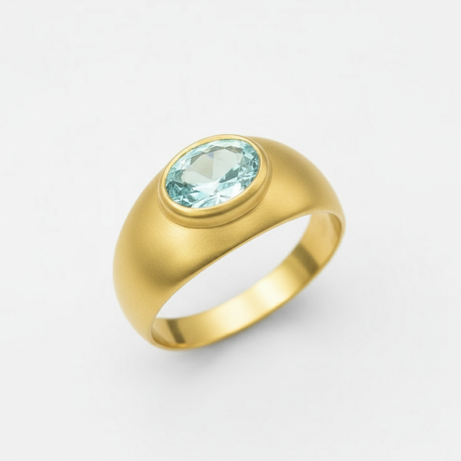 Created Aquamarine Ring made in 18k Gold Vermeil with Oval Created Blue Aquamarine in Bezel setting, March Birthstone gift idea, symbolizes courage & good luck, ideal for everyday wear and perfect for birthday gifting and special occasions.