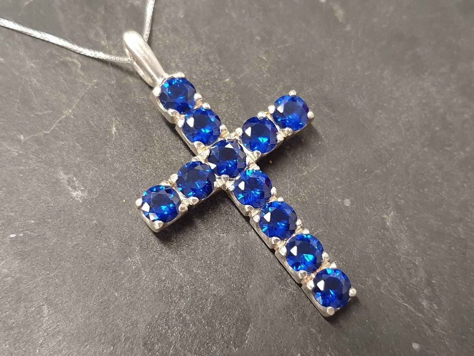 Cross Pendant, Sapphire Pendant, Created Sapphire, Symbolic Pendant, Blue Cross Necklace, Vintage Cross Pendant, Solid Silver Pendant