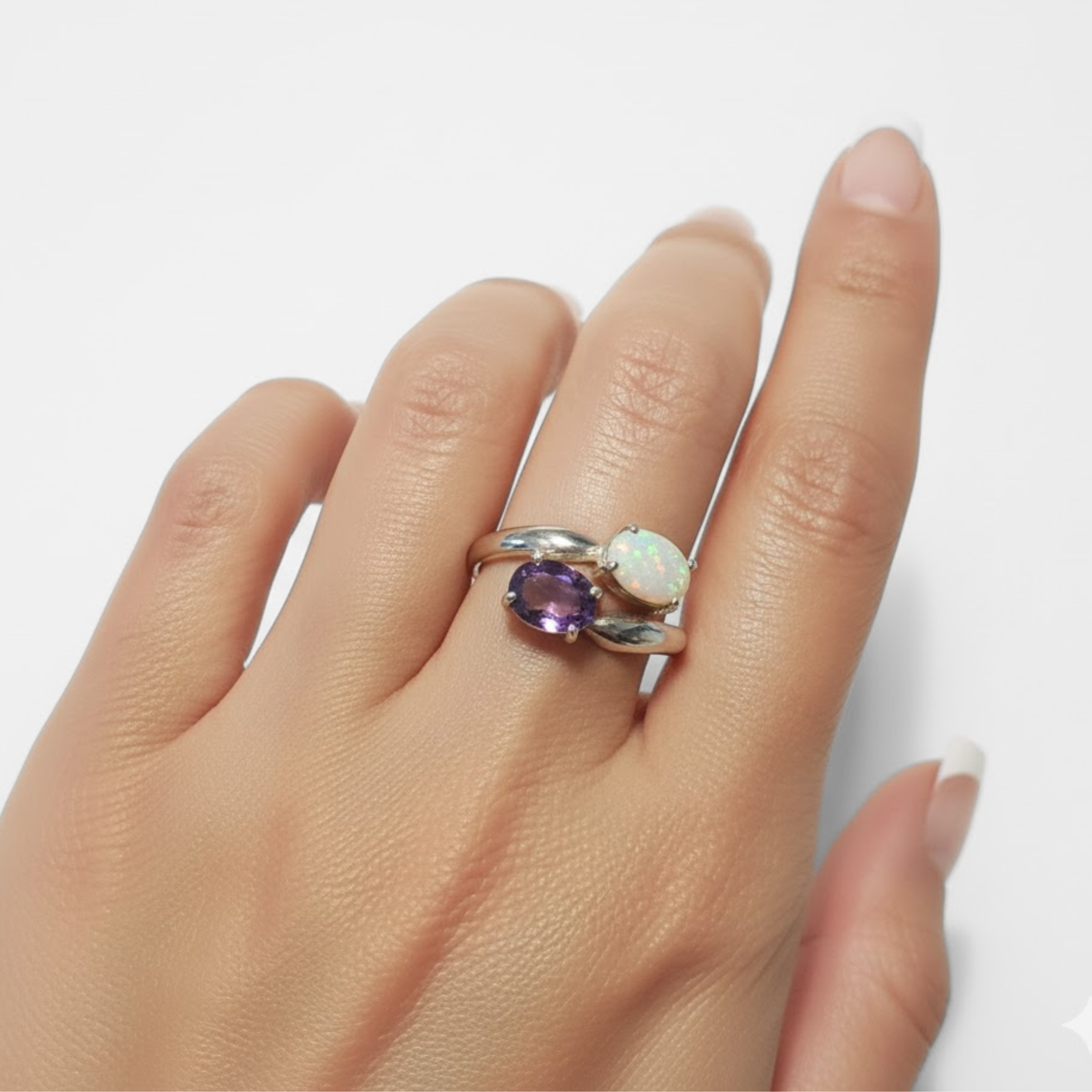 Elegant 925 Sterling Silver Opal Ring featuring two natural Australian opals, perfect for birthdays and special occasions.