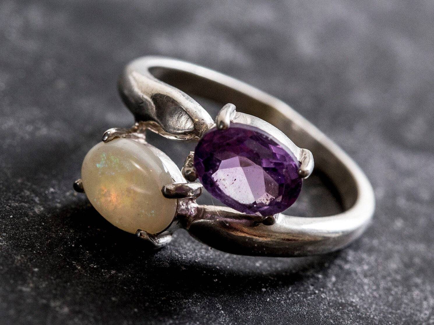 Unique Opal Ring, Natural Opal Ring, Amethyst Ring, Vintage Rings, October Birthstone, February Birthstone, Silver Ring, Amethyst, Opal