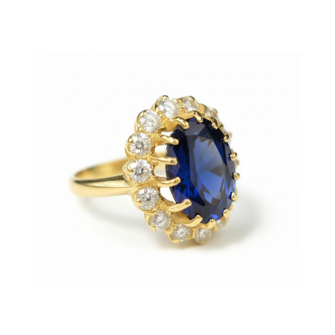 Created Sapphire Ring made in 18k Gold Vermeil with Oval Created Blue Sapphire in Halo setting, September Birthstone gift idea, symbolizes sincerity, truth, and faithfulness, ideal for everyday wear and perfect for birthday gifting and special occasions.