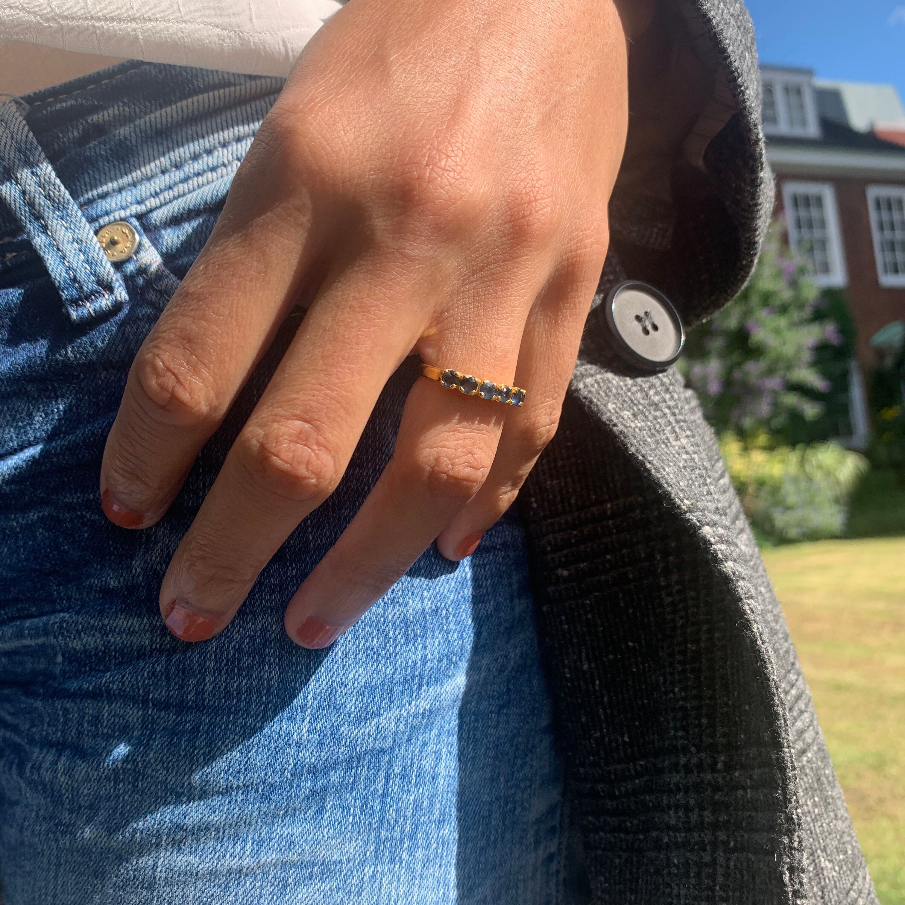 Elegant 18k Gold Vermeil Natural Sapphire Ring with Channel-Set Round Blue Sapphire, ideal for birthdays and special occasions.