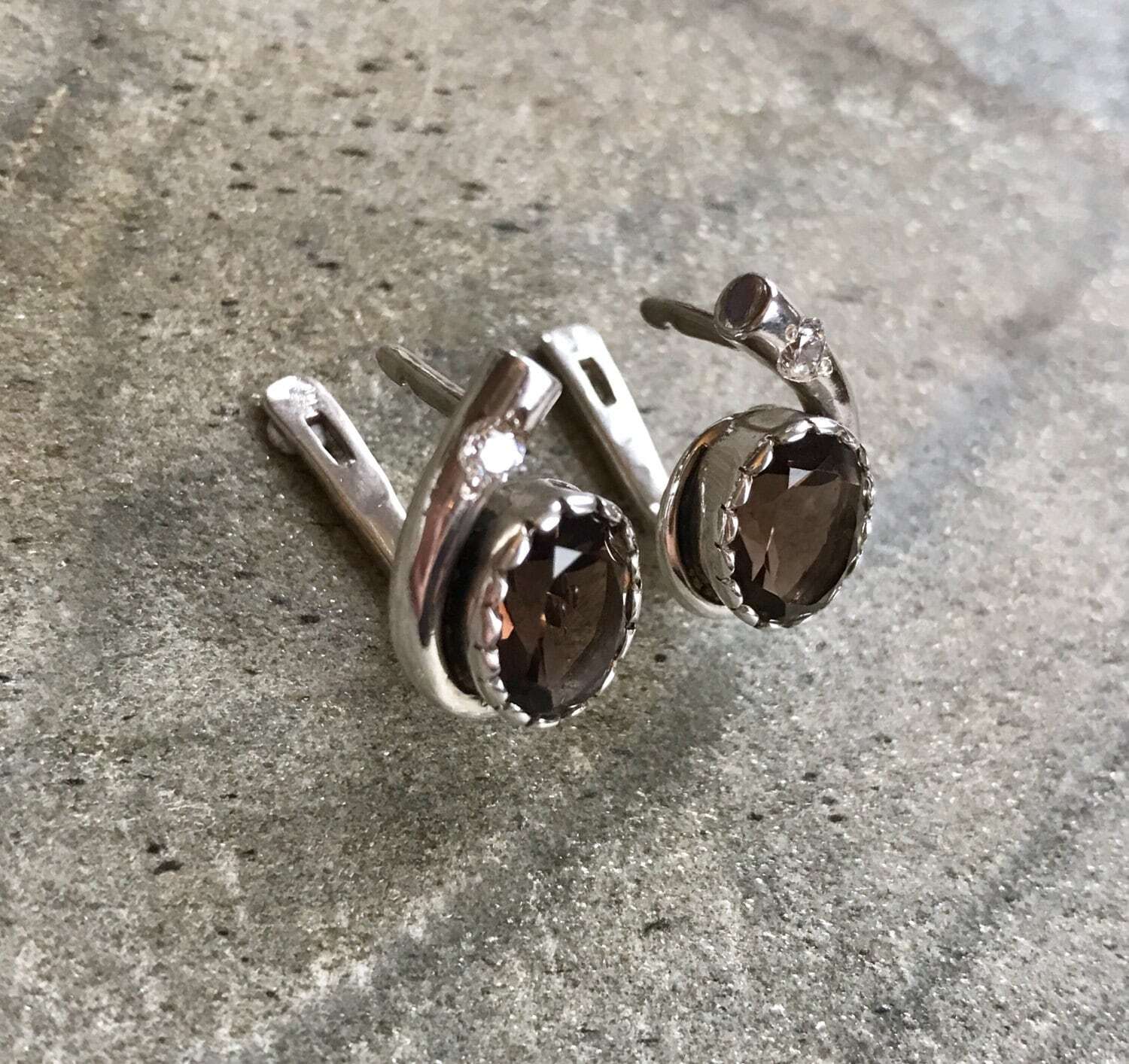 Vintage Earrings, Topaz Earrings, Natural Topaz, Smoky Topaz Earrings, Solid Silver, Silver Earrings, Diamond Cut, Smoky Topaz, Antique