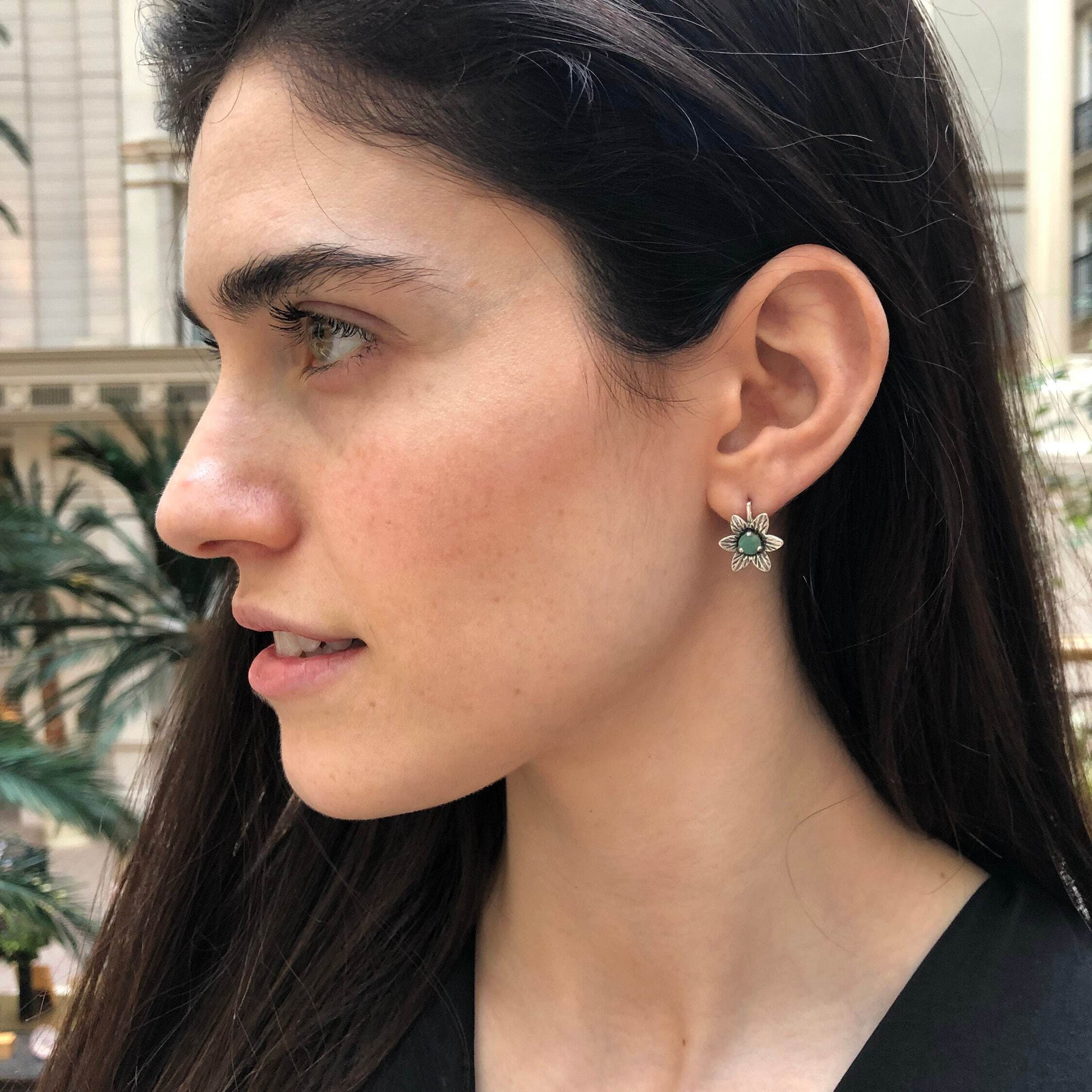 Aquamarine Earrings, Created Aquamarine, Blue Earrings, Flower Earrings, Blue Vintage Earrings, Blue Diamond Earrings, Blue Aqua Earrings