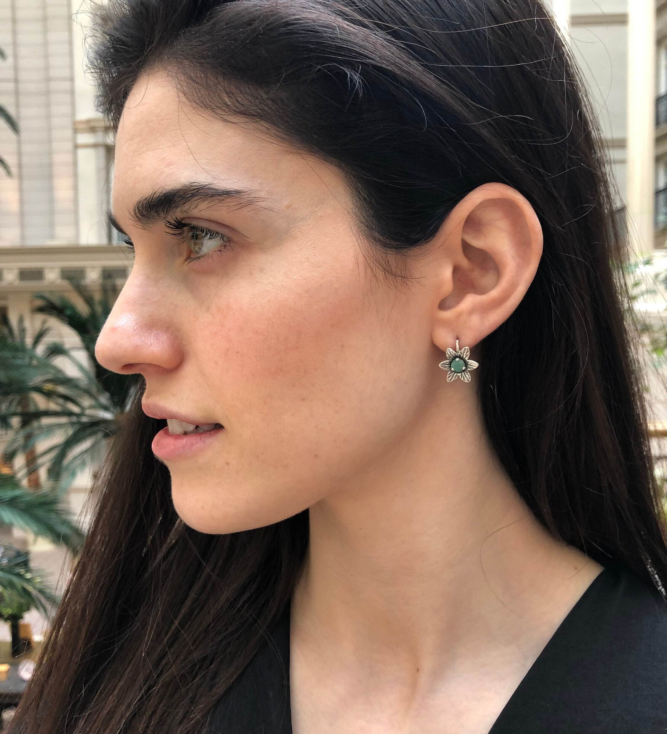 Aquamarine Earrings, Created Aquamarine, Blue Earrings, Flower Earrings, Blue Vintage Earrings, Blue Diamond Earrings, Blue Aqua Earrings