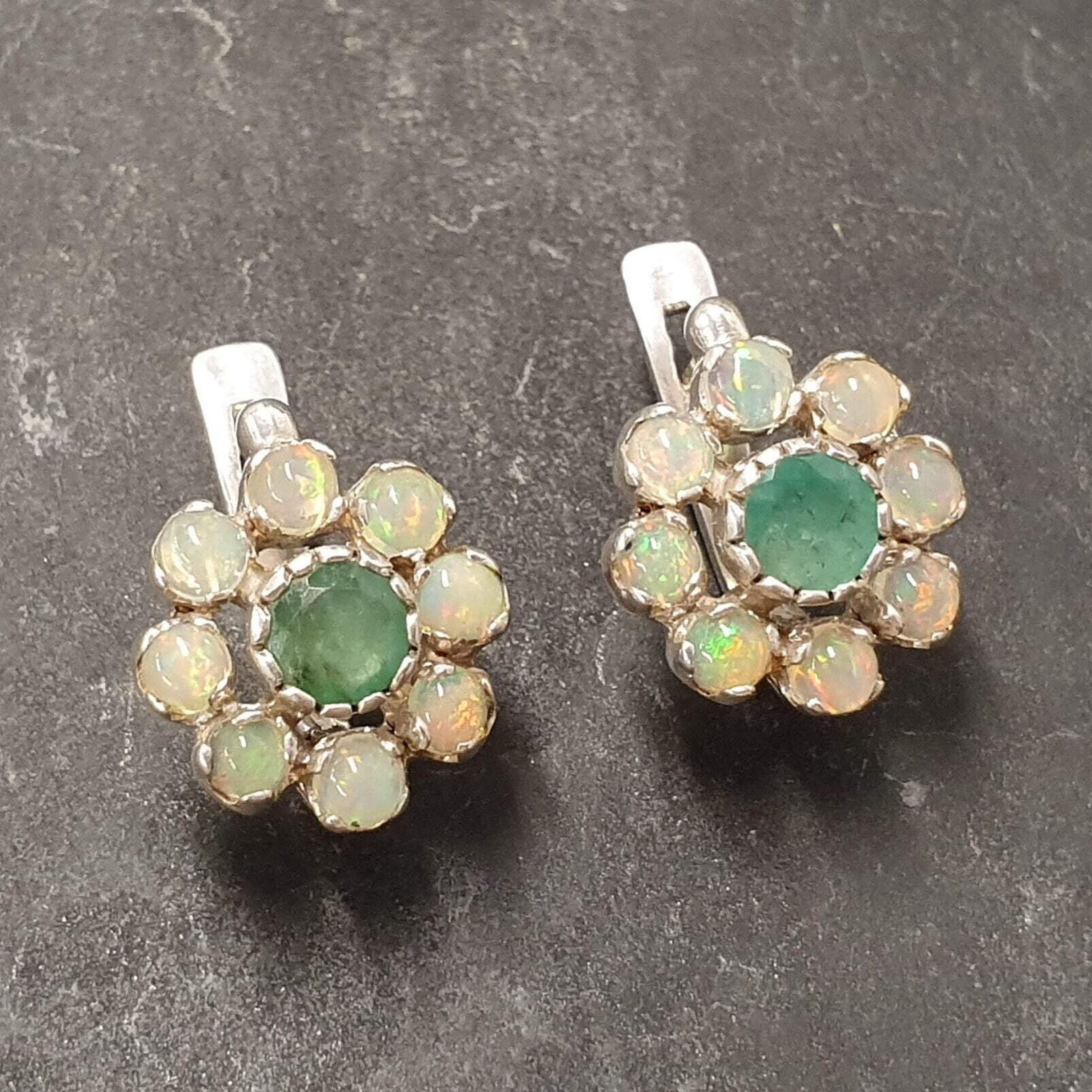 Emerald Earrings, Opal Earrings, Natural Emerald, Natural Opal, October Birthstone, Flower Earrings, Vintage Opal Studs, Floral Earrings