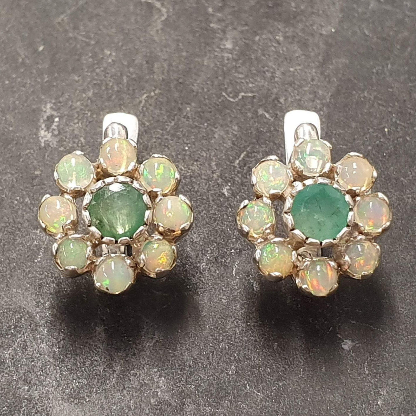 Emerald Earrings, Opal Earrings, Natural Emerald, Natural Opal, October Birthstone, Flower Earrings, Vintage Opal Studs, Floral Earrings