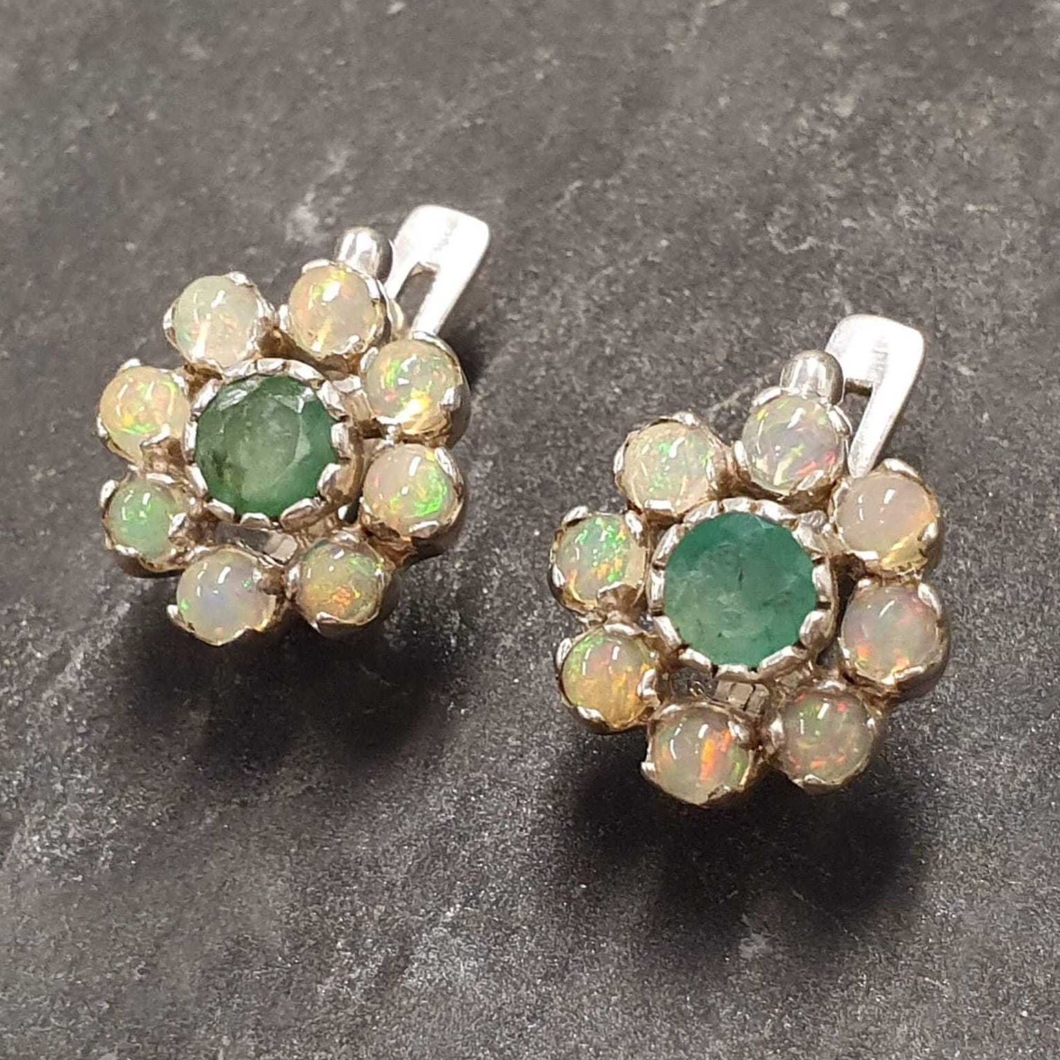 Emerald Earrings, Opal Earrings, Natural Emerald, Natural Opal, October Birthstone, Flower Earrings, Vintage Opal Studs, Floral Earrings