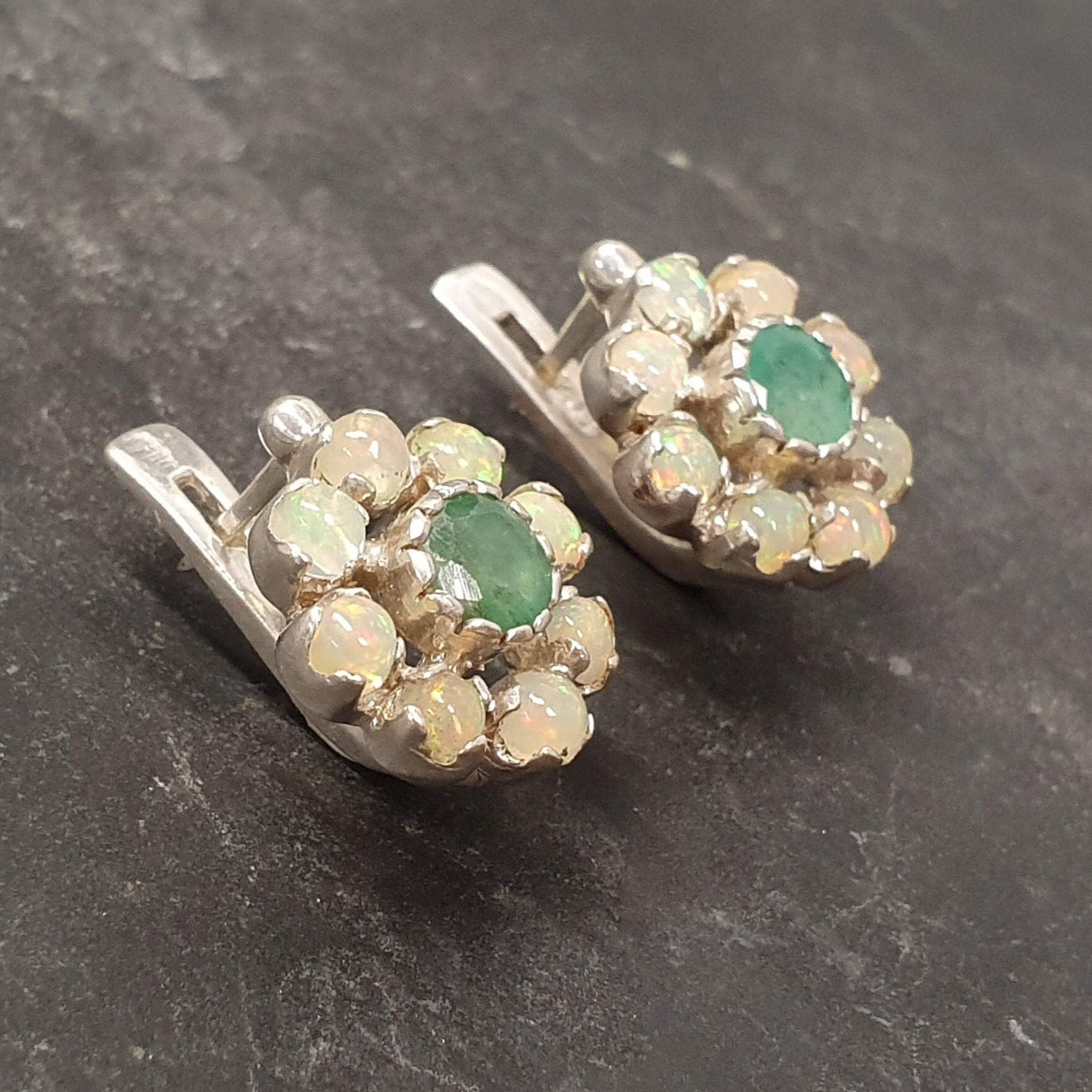 Emerald Earrings, Opal Earrings, Natural Emerald, Natural Opal, October Birthstone, Flower Earrings, Vintage Opal Studs, Floral Earrings