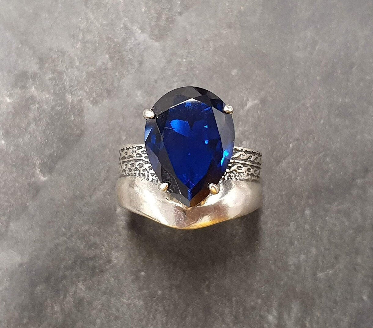 Blue Sapphire Pear Shaped Ring. Teardrop Ring. September