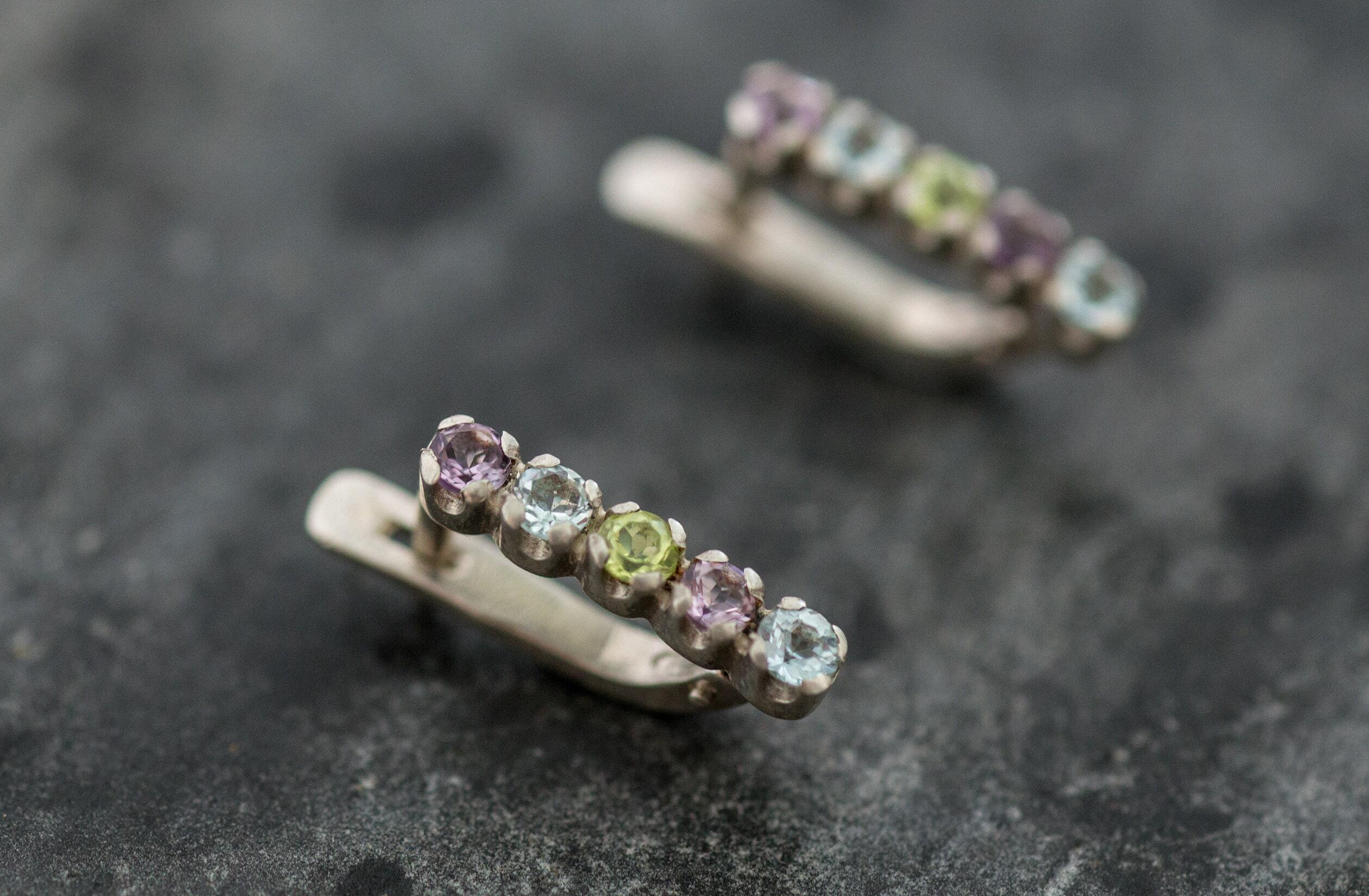 Topaz Earrings, Natural Topaz, Long Studs, Amethyst Earrings, Peridot Earrings, Blue Topaz Earrings, Birthstone Earrings, Silver Earrings