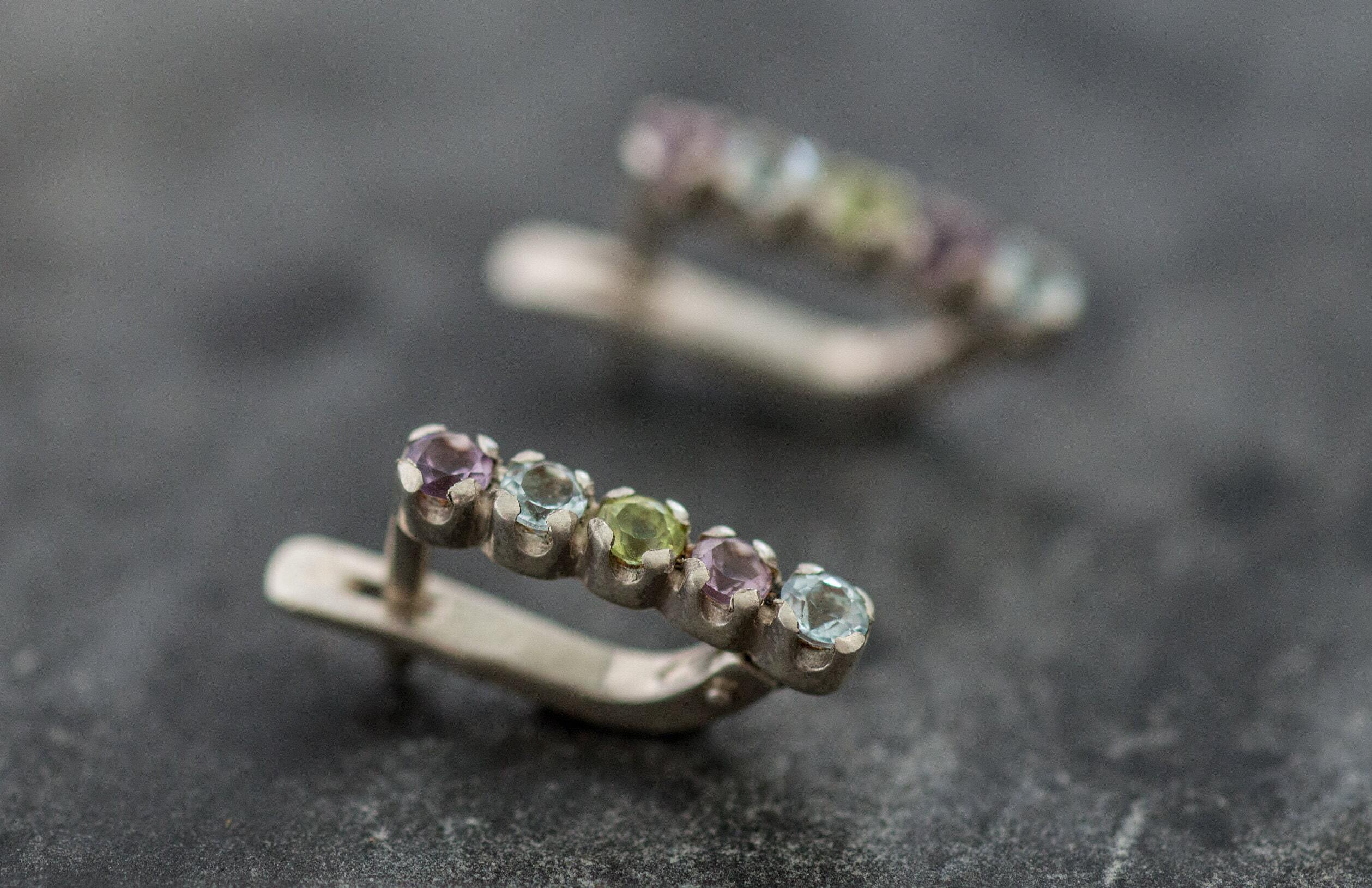 Topaz Earrings, Natural Topaz, Long Studs, Amethyst Earrings, Peridot Earrings, Blue Topaz Earrings, Birthstone Earrings, Silver Earrings