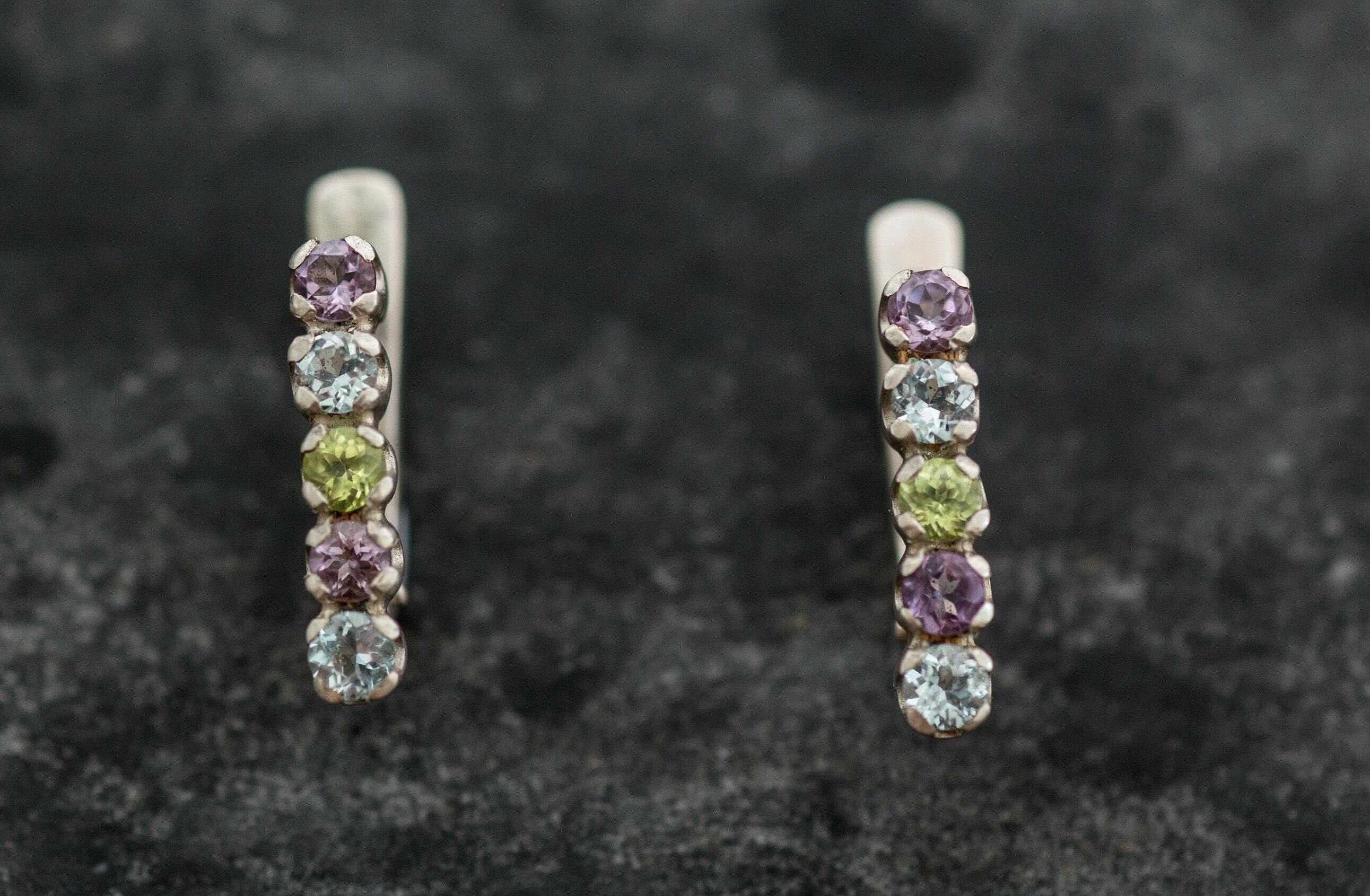 Topaz Earrings, Natural Topaz, Long Studs, Amethyst Earrings, Peridot Earrings, Blue Topaz Earrings, Birthstone Earrings, Silver Earrings