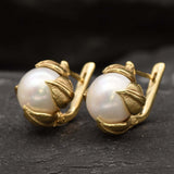 Gold Pearl Earrings - Natural Pearl Leaf Earrings, White Pearl Studs