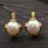 Gold Pearl Earrings - Natural Pearl Leaf Earrings, White Pearl Studs