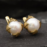 Gold Pearl Earrings - Natural Pearl Leaf Earrings, White Pearl Studs