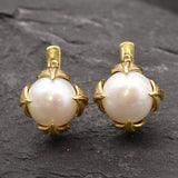 Gold Pearl Earrings - Natural Pearl Leaf Earrings, White Pearl Studs