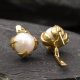 Gold Pearl Earrings - Natural Pearl Leaf Earrings, White Pearl Studs