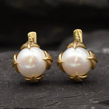 Gold Pearl Earrings - Natural Pearl Leaf Earrings, White Pearl Studs