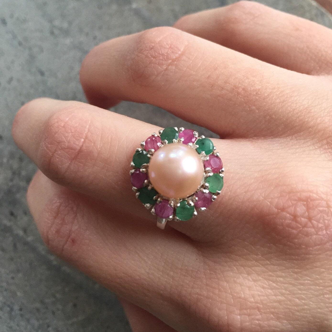 Vintage Pearl Ring, Pearl Ring, Emerald Ring, Vintage Rings, Birthstone Ring, Ruby Ring, Vintage Emerald Ring, Cream Pearl, Vintage Ruby