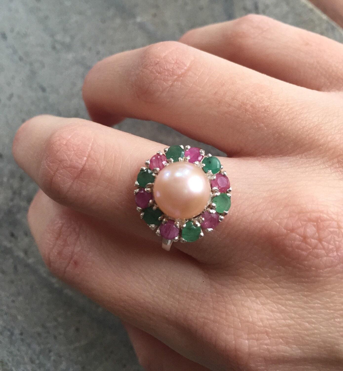 Vintage Pearl Ring, Pearl Ring, Emerald Ring, Vintage Rings, Birthstone Ring, Ruby Ring, Vintage Emerald Ring, Cream Pearl, Vintage Ruby