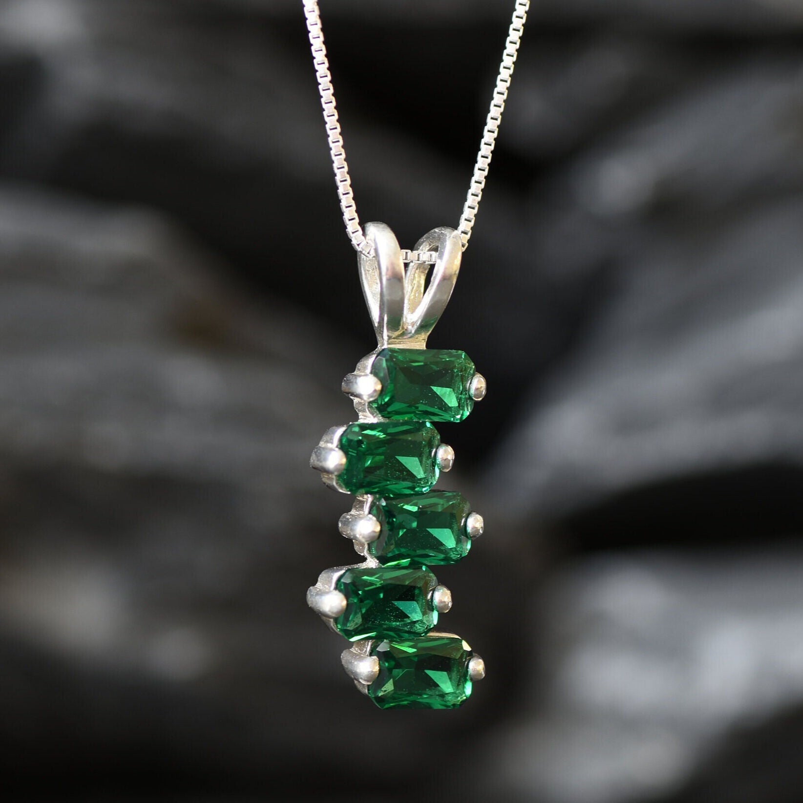 Emerald Pendant, Created Emerald, Emerald Cut Pendant, Asymmetric Pendant, Baguette Pendant, Minimalist Pendant, Line Pendant, 925 Silver