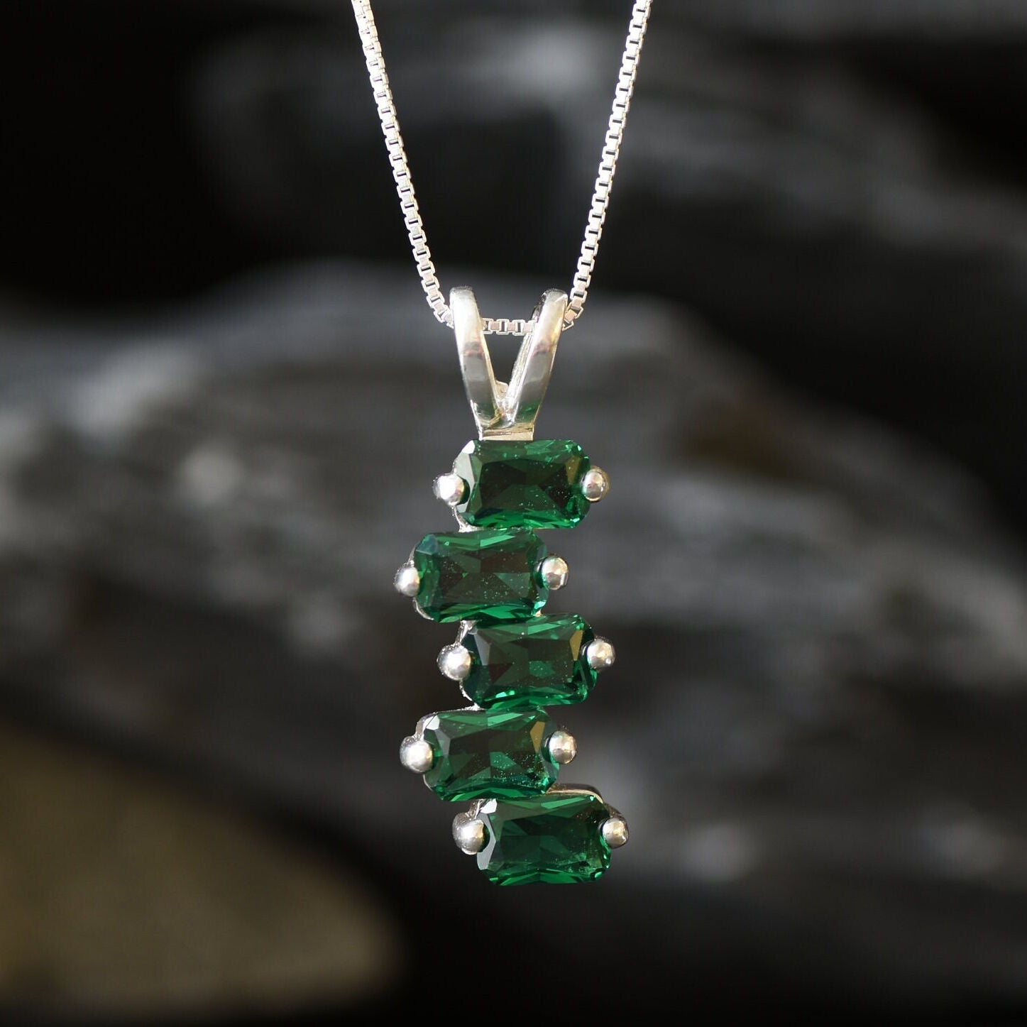 Emerald Pendant, Created Emerald, Emerald Cut Pendant, Asymmetric Pendant, Baguette Pendant, Minimalist Pendant, Line Pendant, 925 Silver