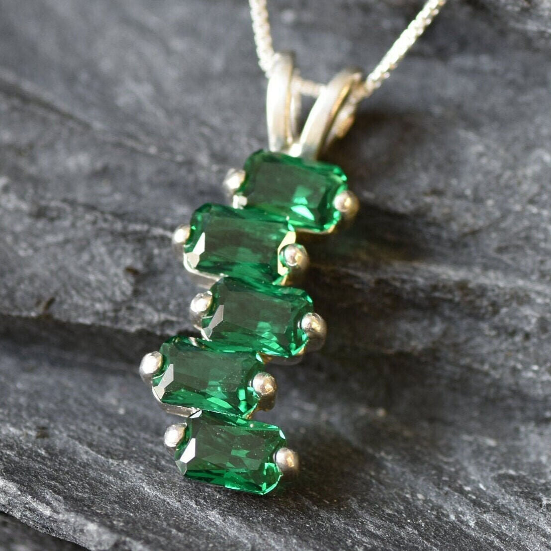 Emerald Pendant, Created Emerald, Emerald Cut Pendant, Asymmetric Pendant, Baguette Pendant, Minimalist Pendant, Line Pendant, 925 Silver