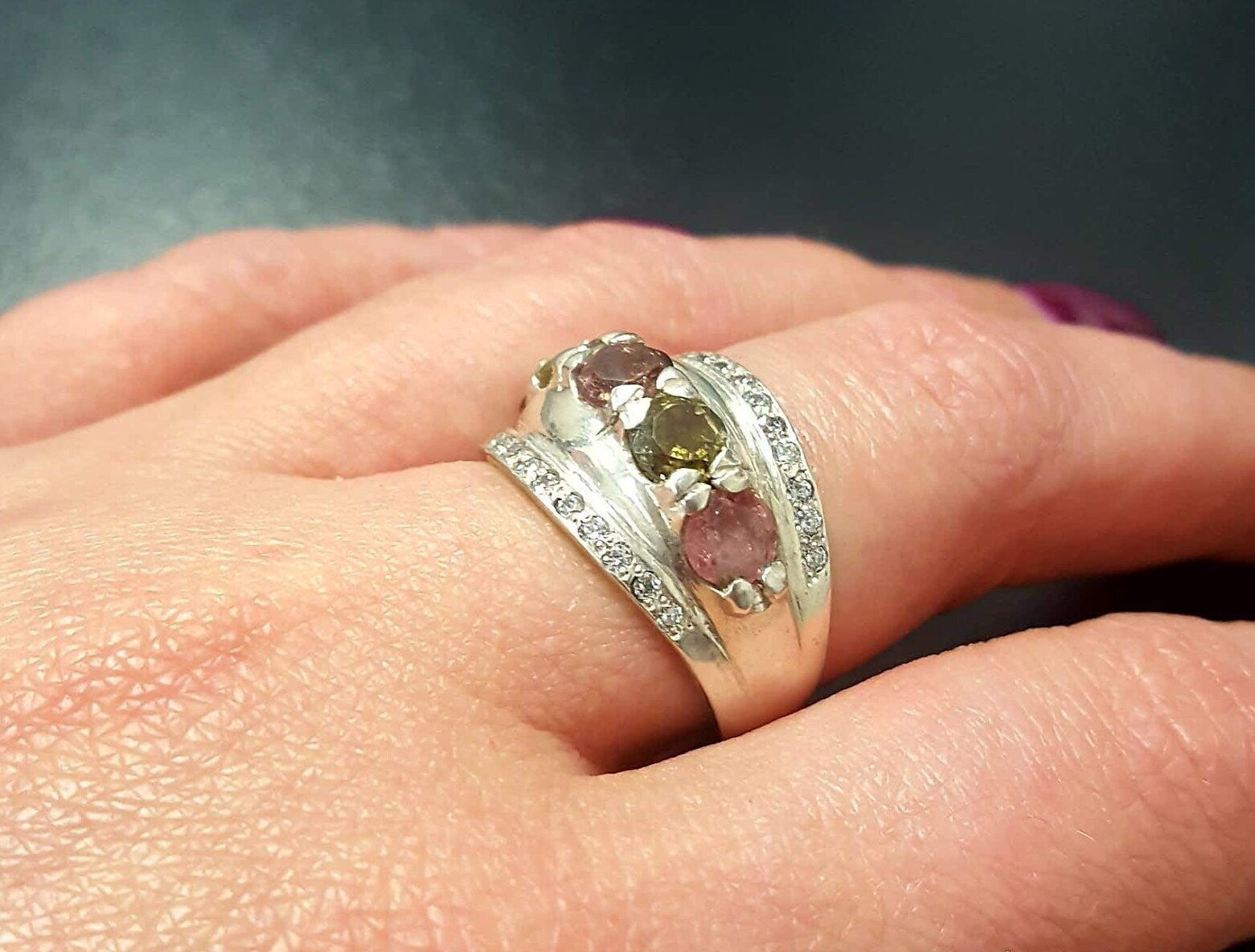 Tourmaline Band, Natural Tourmaline, October Ring, Wide Band Ring, Pink Tourmaline, Pink Vintage Ring, Green Tourmaline, Solid Silver Ring