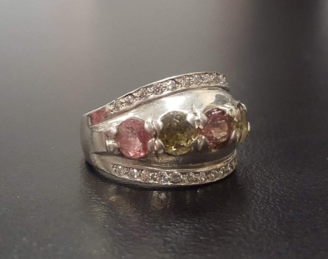 Tourmaline Band, Natural Tourmaline, October Ring, Wide Band Ring, Pink Tourmaline, Pink Vintage Ring, Green Tourmaline, Solid Silver Ring