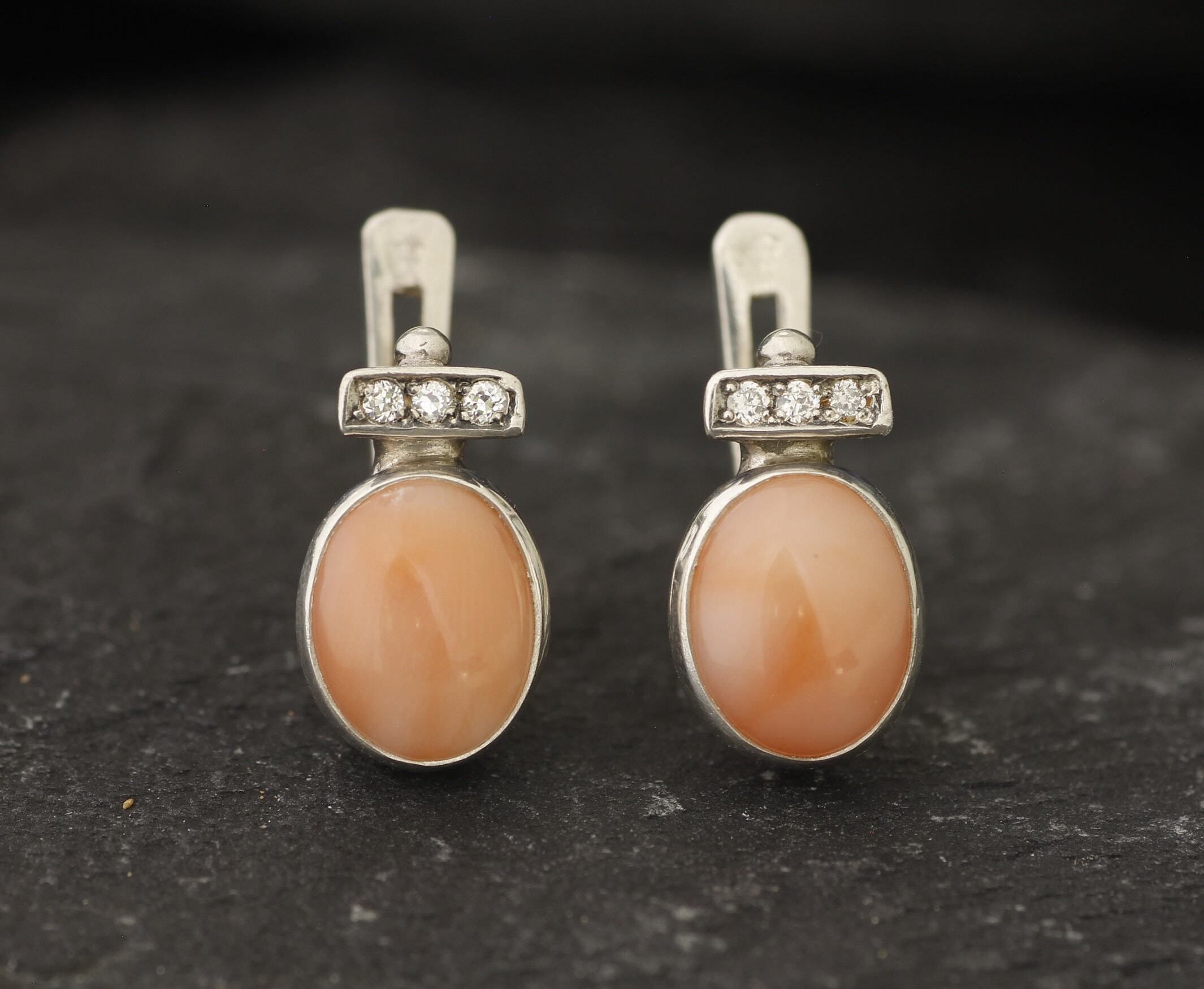 Coral Earrings, Natural Coral, March Birthstone, Vintage Earrings, Vintage Coral Earrings, Coral Studs, Oval Studs, Solid Silver, Pink Coral