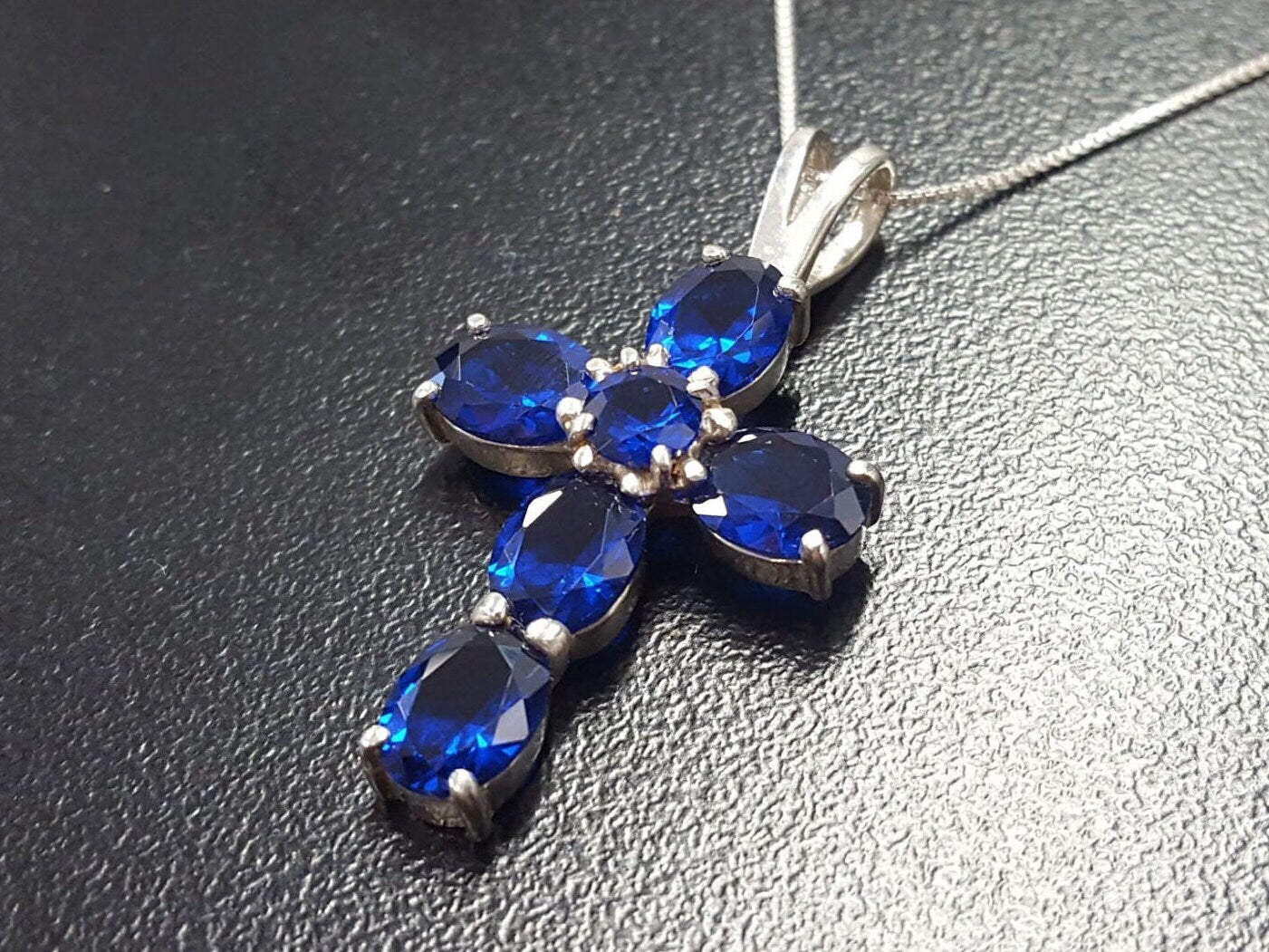 Cross Pendant, Sapphire Pendant, Created Sapphire, Symbolic Pendant, Blue Cross Pendant, Christian Pendant, Blue Pendant, 925 Silver Pendant