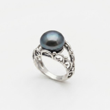 Black Pearl Statement Ring - Split Paved Band - Genuine Pearl Ring