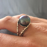 Black Pearl Statement Ring - Split Paved Band - Genuine Pearl Ring