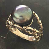 Black Pearl Statement Ring - Split Paved Band - Genuine Pearl Ring