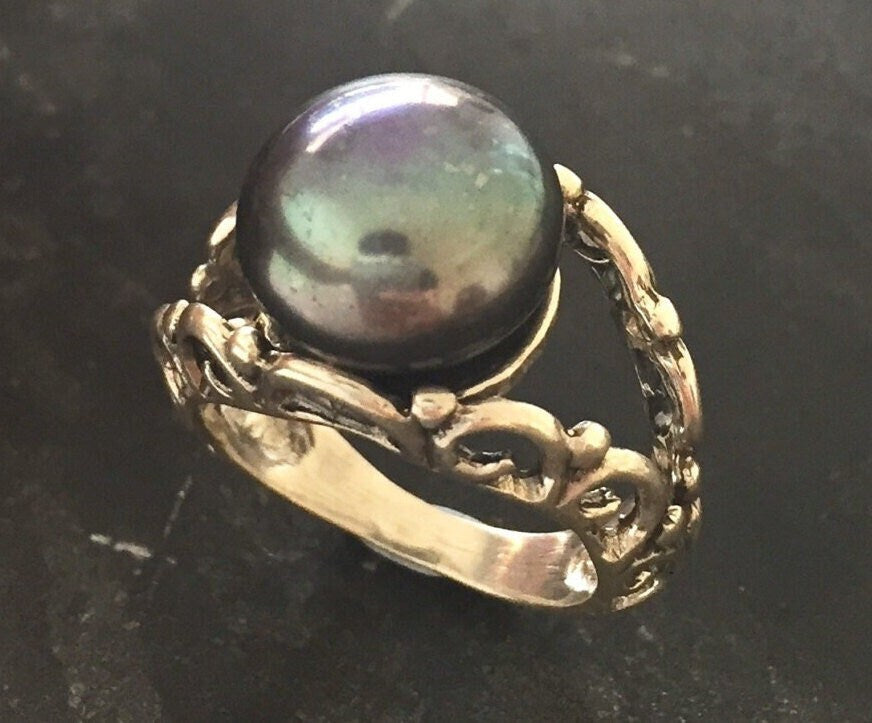 Black Pearl Ring, Natural Pearl Ring, June Birthstone, Vintage Pearl Ring, Vintage Style Ring, June Ring, Black Pearl, Solid Silver Ring