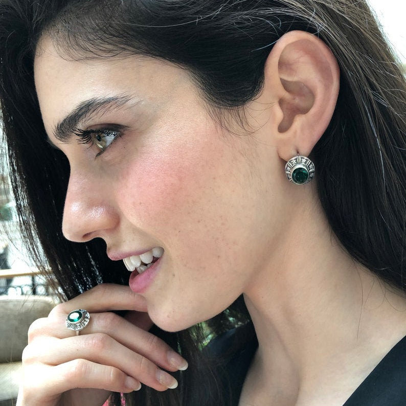 Malachite Earrings, Natural Malachite, Bohemian Earrings, Large Oval Studs, Vintage Earrings, Green Earrings, Boho Earrings, Silver Earrings