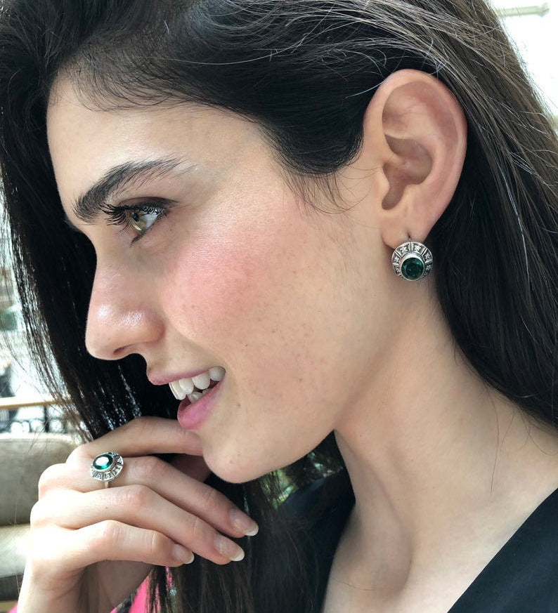 Malachite Earrings, Natural Malachite, Bohemian Earrings, Large Oval Studs, Vintage Earrings, Green Earrings, Boho Earrings, Silver Earrings