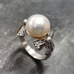 White Pearl Ring, Natural Pearl, Ribbon Ring, June Birthstone, Bow Ring, Vintage Ring, White Ring, Vintage Pearl Ring, Solid Silver Ring