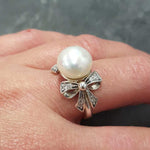 White Pearl Ring, Natural Pearl, Ribbon Ring, June Birthstone, Bow Ring, Vintage Ring, White Ring, Vintage Pearl Ring, Solid Silver Ring