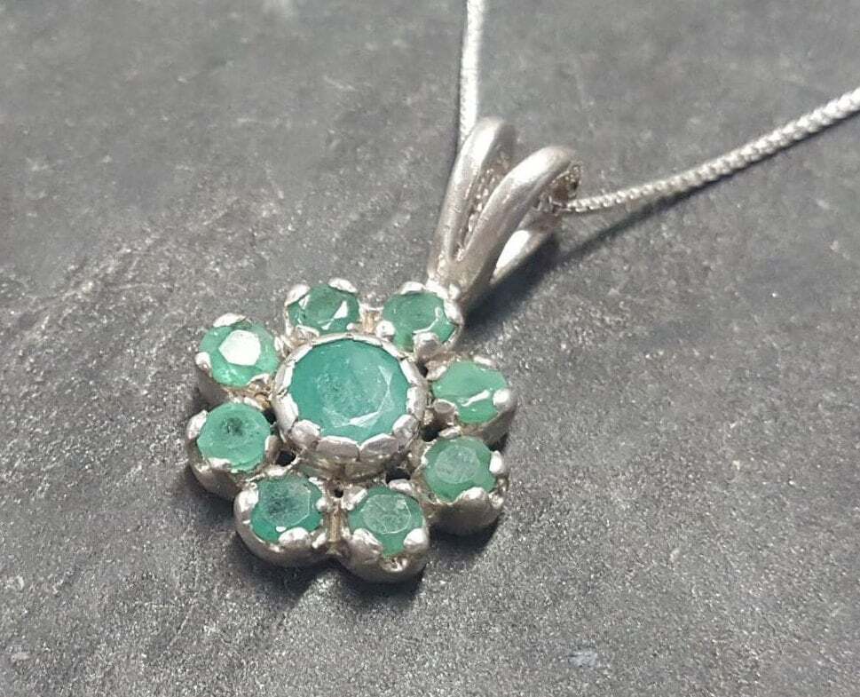 Natural Emerald Pendant made in 925 Sterling Silver with Round Natural Green Emerald in Cluster setting, May Birthstone gift idea, symbolizes growth, harmony, and deep emotional healing, ideal for everyday wear and perfect for birthday gifting and special occasions.