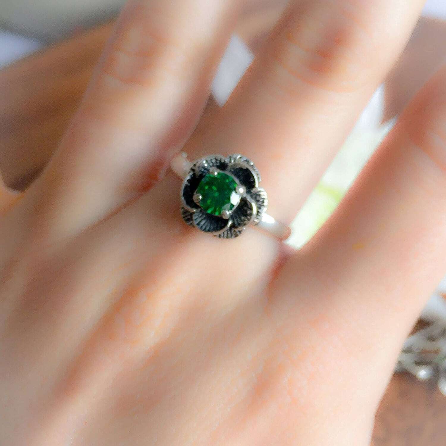 Sterling Silver Emerald Ring with Round Created Green Emerald, May Birthstone, perfect for birthdays and special occasions.