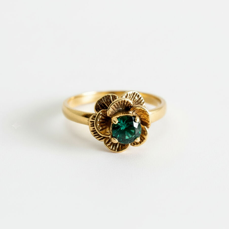 Created Emerald Ring made in 18k Gold Vermeil with Round Created Green Emerald in Prong setting, May Birthstone gift idea, symbolizes, ideal for everyday wear and perfect for birthday gifting and special occasions.